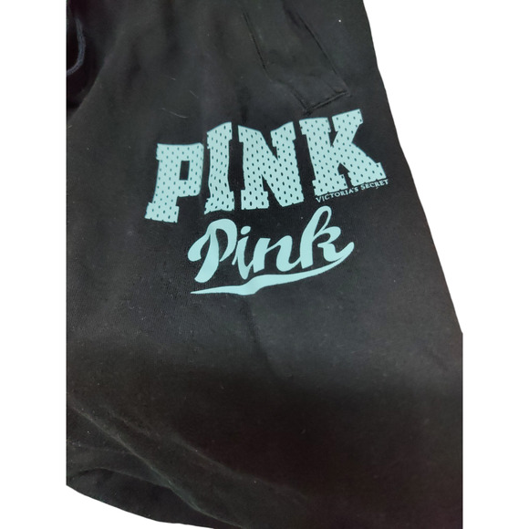 Pink Victoria Secret black sweat pants pull tie waist, light blue labeling - Picture 3 of 6